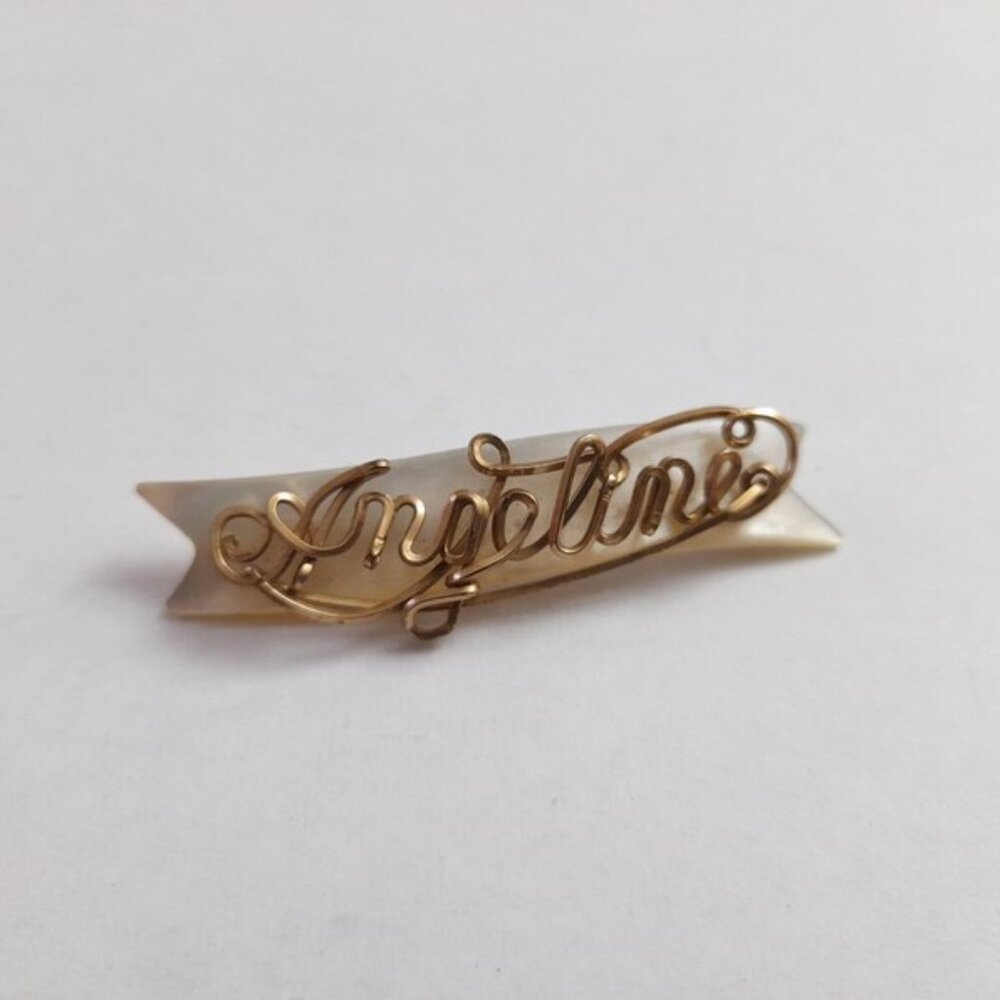 Vintage Wire Name Brooch Angeline Mother of Pearl Jewelry Piece